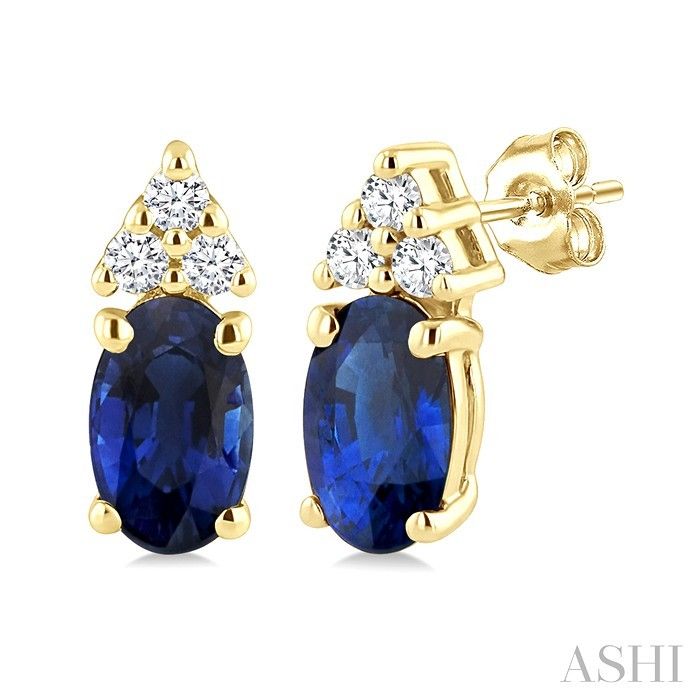 10KT Yellow Gold Oval Sapphire and Six Diamond Accented Stud Earrings 10KT Yellow Gold Oval Sapphire and Six Diamond Accented Stud Earrings