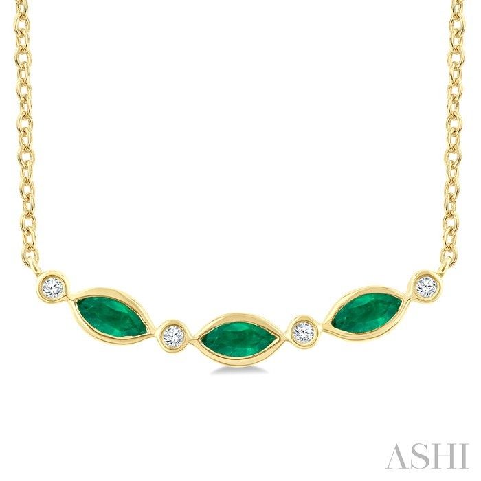 10KT Yellow Gold Bezel Three Marquise Emeralds and Four Round Diamond Curved Bar Necklace