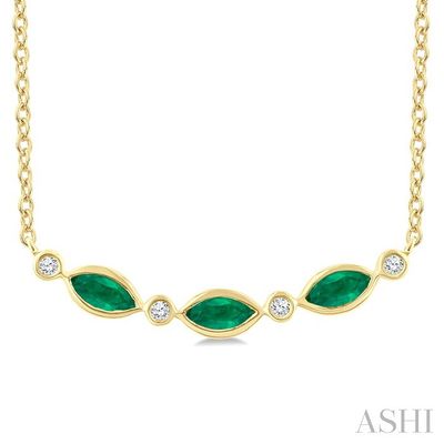 10KT Yellow Gold Bezel Three Marquise Emeralds and Four Round Diamond Curved Bar Necklace 10KT Yellow Gold Bezel Three Marquise Emeralds and Four Round Diamond Curved Bar Necklace