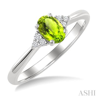 10KT White Gold Oval Peridot Six Round Diamond Accent Ring