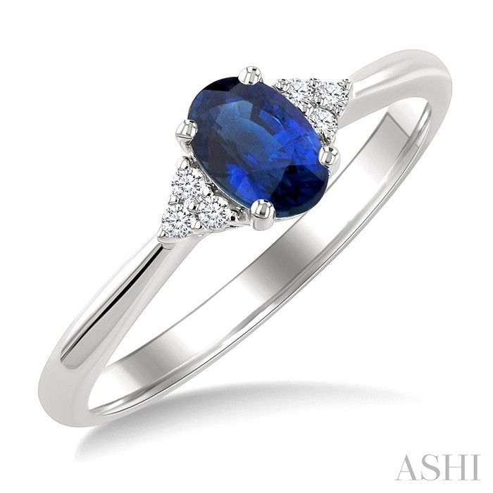 10KT White Gold Oval Sapphire Six Round Diamond Accent Ring