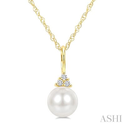 10KT Yellow Gold Cultured Pearl Three Round Diamond Accent Necklace