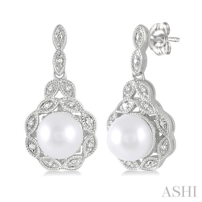 Silver Cultured Pearl Diamond Accent Vintage Inspired Push-Back Dangle Earrings