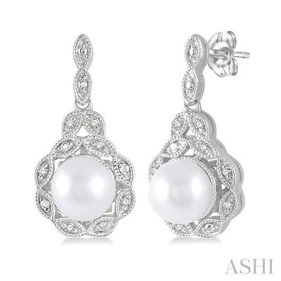Silver Cultured Pearl Diamond Accent Vintage Inspired Push-Back Dangle Earrings