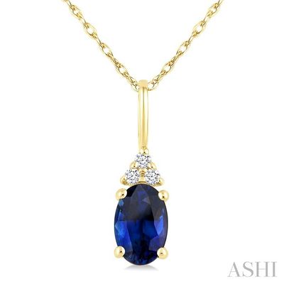 10KT Yellow Gold Oval Sapphire Three Round Diamond Accented Necklace 10KT Yellow Gold Oval Sapphire Three Round Diamond Accented Necklace