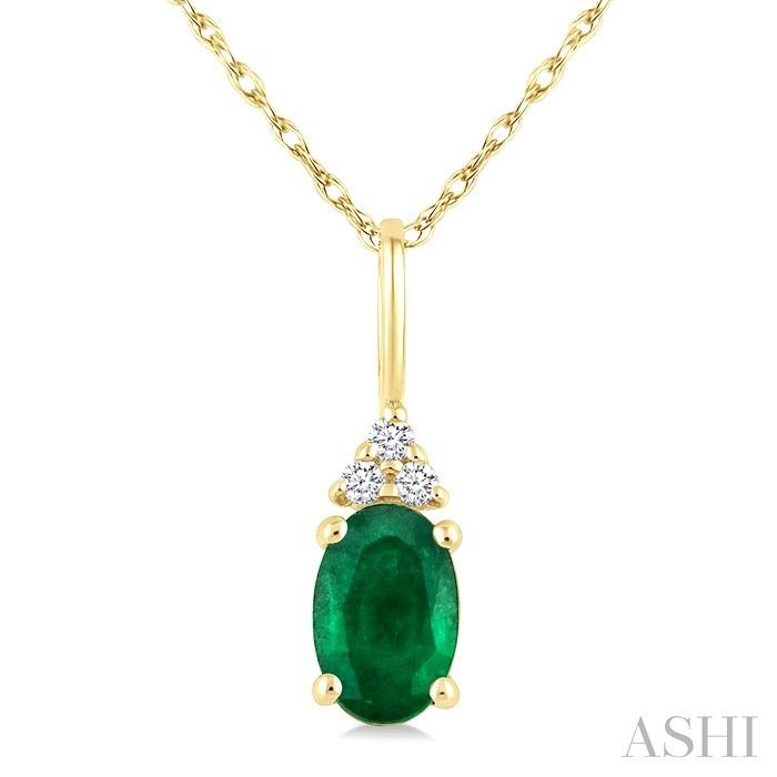 10KT Yellow Gold Oval Emerald Three Round Diamond Accented Necklace 10KT Yellow Gold Oval Emerald Three Round Diamond Accented Necklace