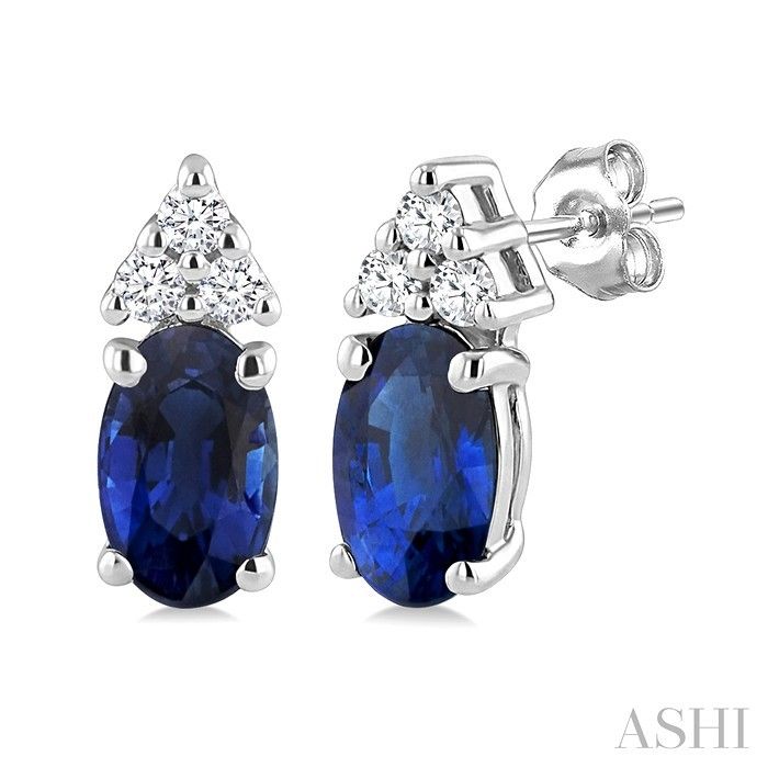 10KT White Gold Oval Sapphire and Six Diamond Accented Stud Earrings