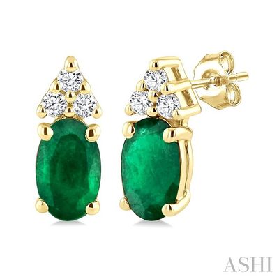 10KT Yellow Gold Oval Emerald and Six Diamond Accented Stud Earrings 10KT Yellow Gold Oval Emerald and Six Diamond Accented Stud Earrings