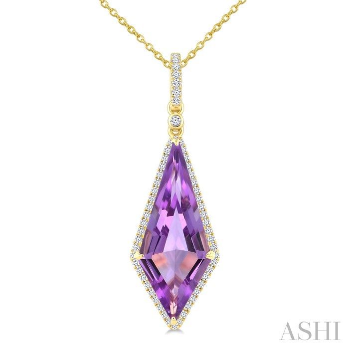 14KT Yellow Gold Large Kite-Cut Amethyst Diamond Accent Halo and Bail Necklace