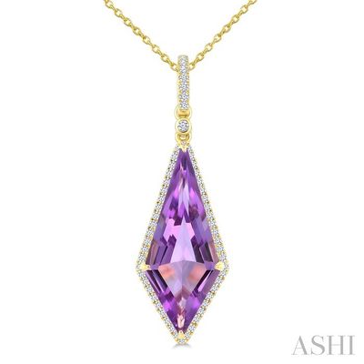 14KT Yellow Gold Large Kite-Cut Amethyst Diamond Accent Halo and Bail Necklace