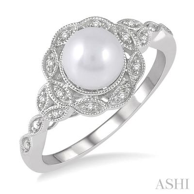 Silver Cultured Pearl Diamond Accent Vintage Inspired Ring