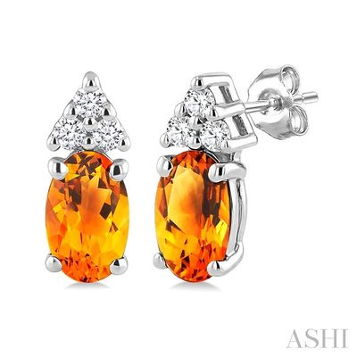 10KT White Gold Oval Citrine and Six Diamond Accented Stud Earrings