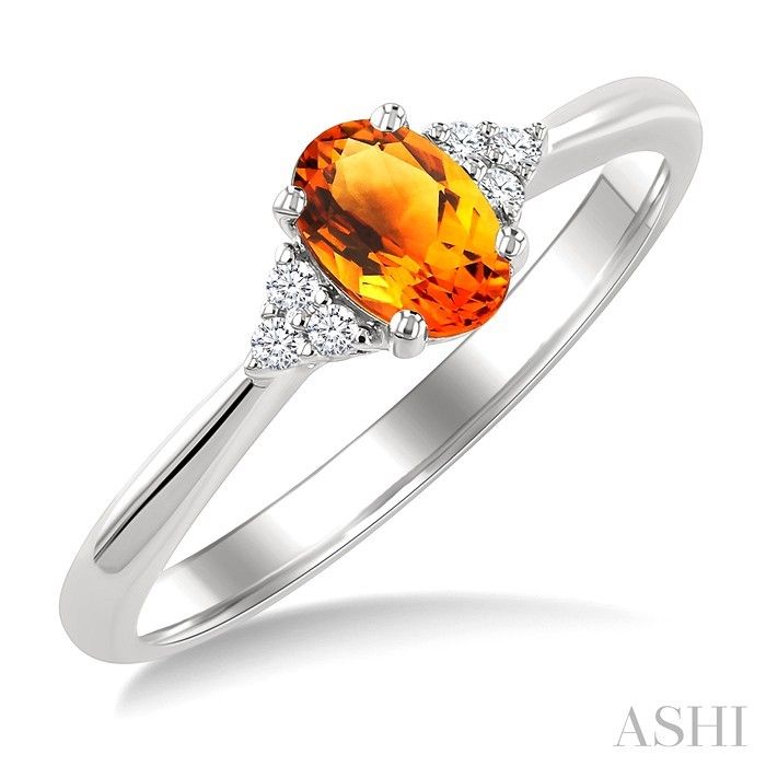 10KT White Gold Oval Citrine Six Round Diamond Accent Ring