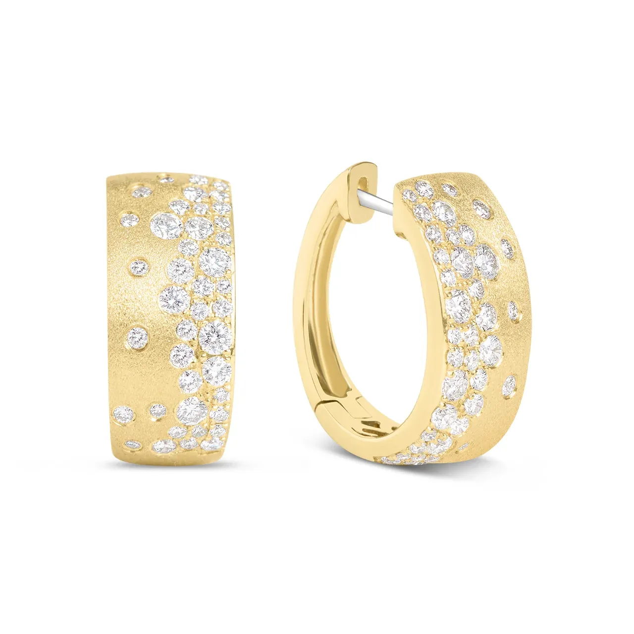 14KT Yellow Gold Scatter Diamond Satin Finish Hoop Earrings 14KT Yellow Gold Scatter Diamond Satin Finish Hoop Earrings