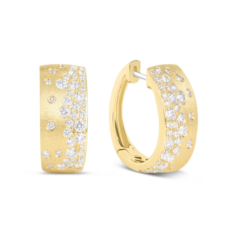 14KT Yellow Gold Scatter Diamond Satin Finish Hoop Earrings