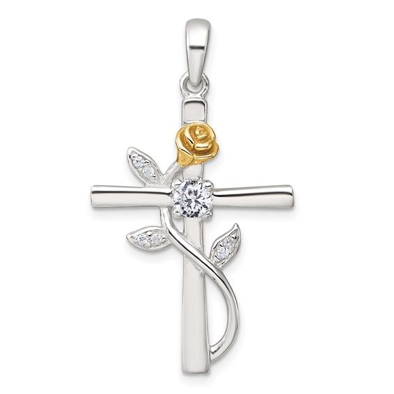 Silver Cross with Cubic Zirconia Center and Gold-Plated Climbing Rose Pendant Silver Cross with Cubic Zirconia Center and Gold-Plated Climbing Rose Pendant