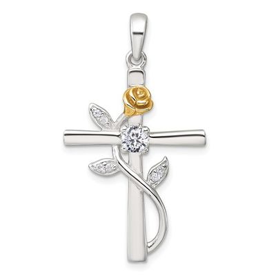 Silver Cross with Cubic Zirconia Center and Gold-Plated Climbing Rose Pendant