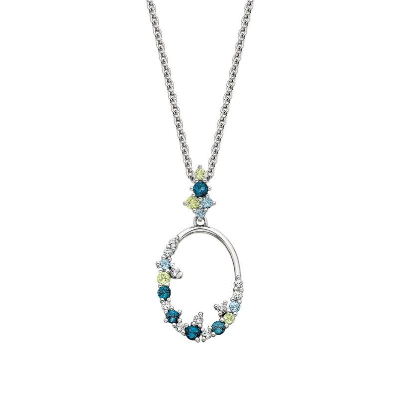 Silver Multi Round Gemstone Asymmetrical Open Oval Necklace