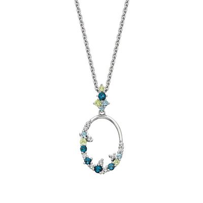 Silver Multi Round Gemstone Asymmetrical Open Oval Necklace Silver Multi Round Gemstone Asymmetrical Open Oval Necklace