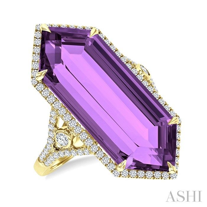 14KT Yellow Gold Large Hexagon Amethyst Diamond Halo and Split Shank Fashion Ring 14KT Yellow Gold Large Hexagon Amethyst Diamond Halo and Split Shank Fashion Ring
