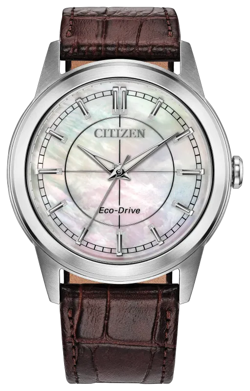 Citizen Rolan Round Mother-of-Pearl Dial Brown Leather Band Watch