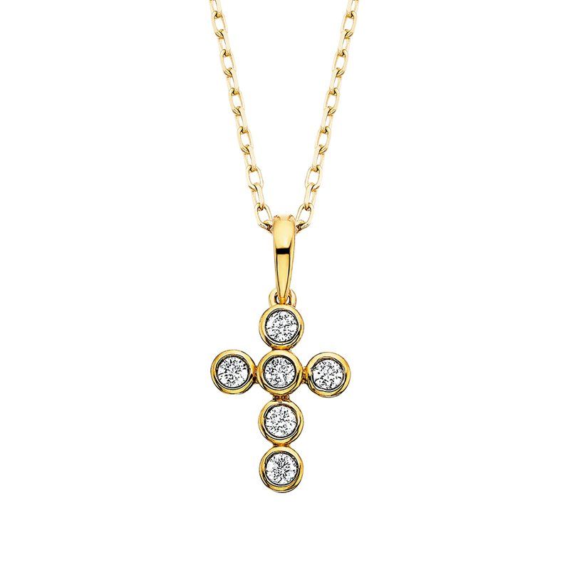 14KT Yellow Gold Six Round Diamond Bezel-Set Cross Necklace