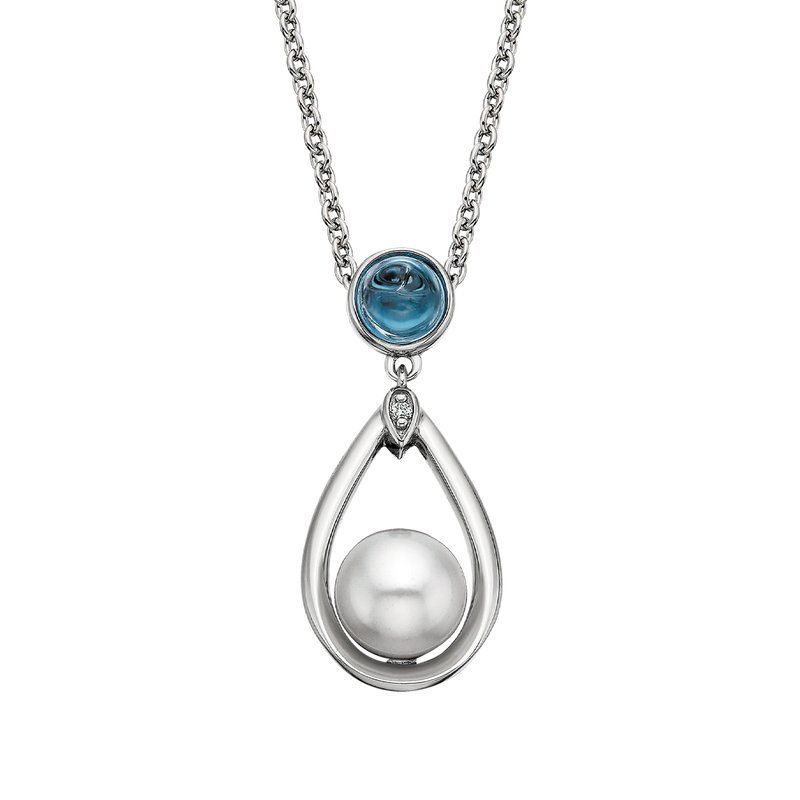 Silver Round Cabochon Blue Topaz and Pearl Drop Pendant Necklace Silver Round Cabochon Blue Topaz and Pearl Drop Pendant Necklace
