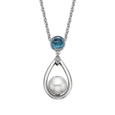 Silver Round Cabochon Blue Topaz and Pearl Drop Pendant Necklace