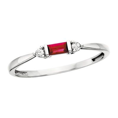 10KT White Gold Rectangle Created Ruby with Two Round Diamond Accent Stackable Band 10KT White Gold Rectangle Created Ruby with Two Round Diamond Accent Stackable Band