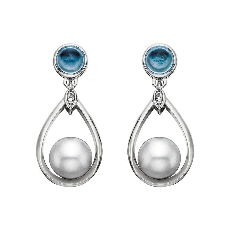 Silver Round Cabochon Blue Topaz and Pearl Drop Dangle Earrings Silver Round Cabochon Blue Topaz and Pearl Drop Dangle Earrings