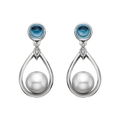 Silver Round Cabochon Blue Topaz and Pearl Drop Dangle Earrings