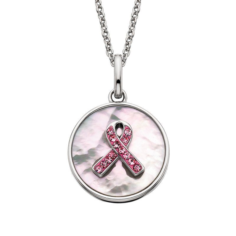 Silver Pink Swarovski Crystal Ribbon Mother of Pearl Disc Pendant Necklace