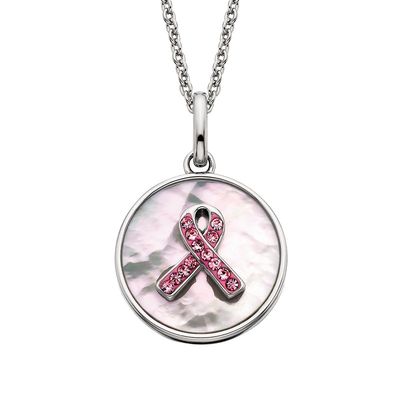 Silver Pink Swarovski Crystal Ribbon Mother of Pearl Disc Pendant Necklace