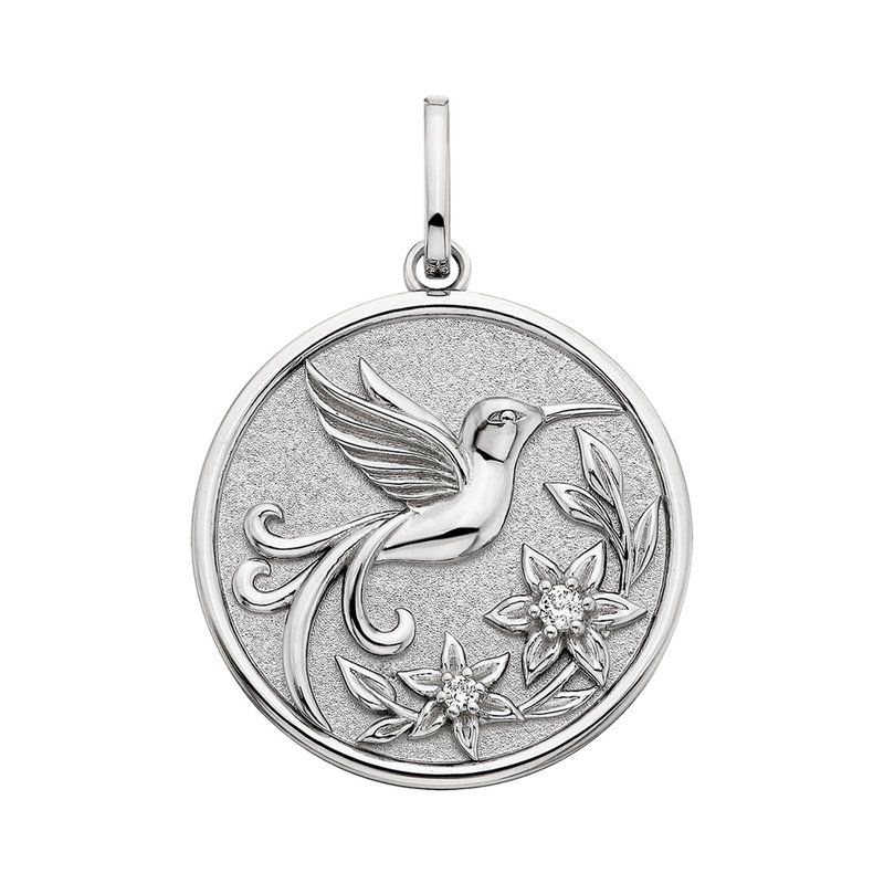 Silver Round White Topaz Accent Hummingbird Disc Pendant Charm