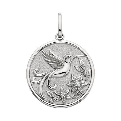 Silver Round White Topaz Accent Hummingbird Disc Pendant Charm