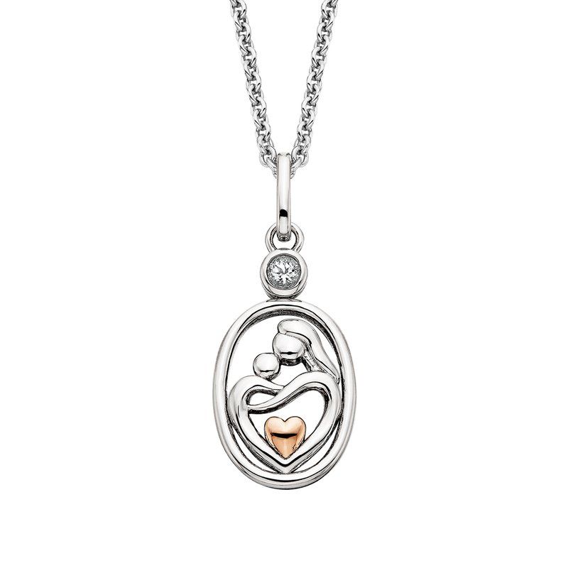 Silver TwoTone White Topaz Accent Mother and Child Oval Necklace