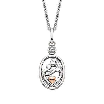 Silver TwoTone White Topaz Accent Mother and Child Oval Necklace Silver TwoTone White Topaz Accent Mother and Child Oval Necklace