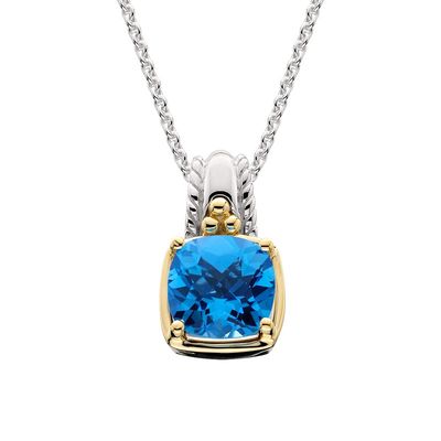 Silver TwoTone Large Cushion Blue Topaz Pendant Necklace