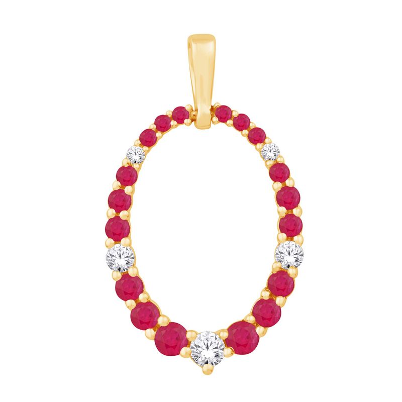 14KT Yellow Gold Round Rubies and Diamonds Open Oval Pendant