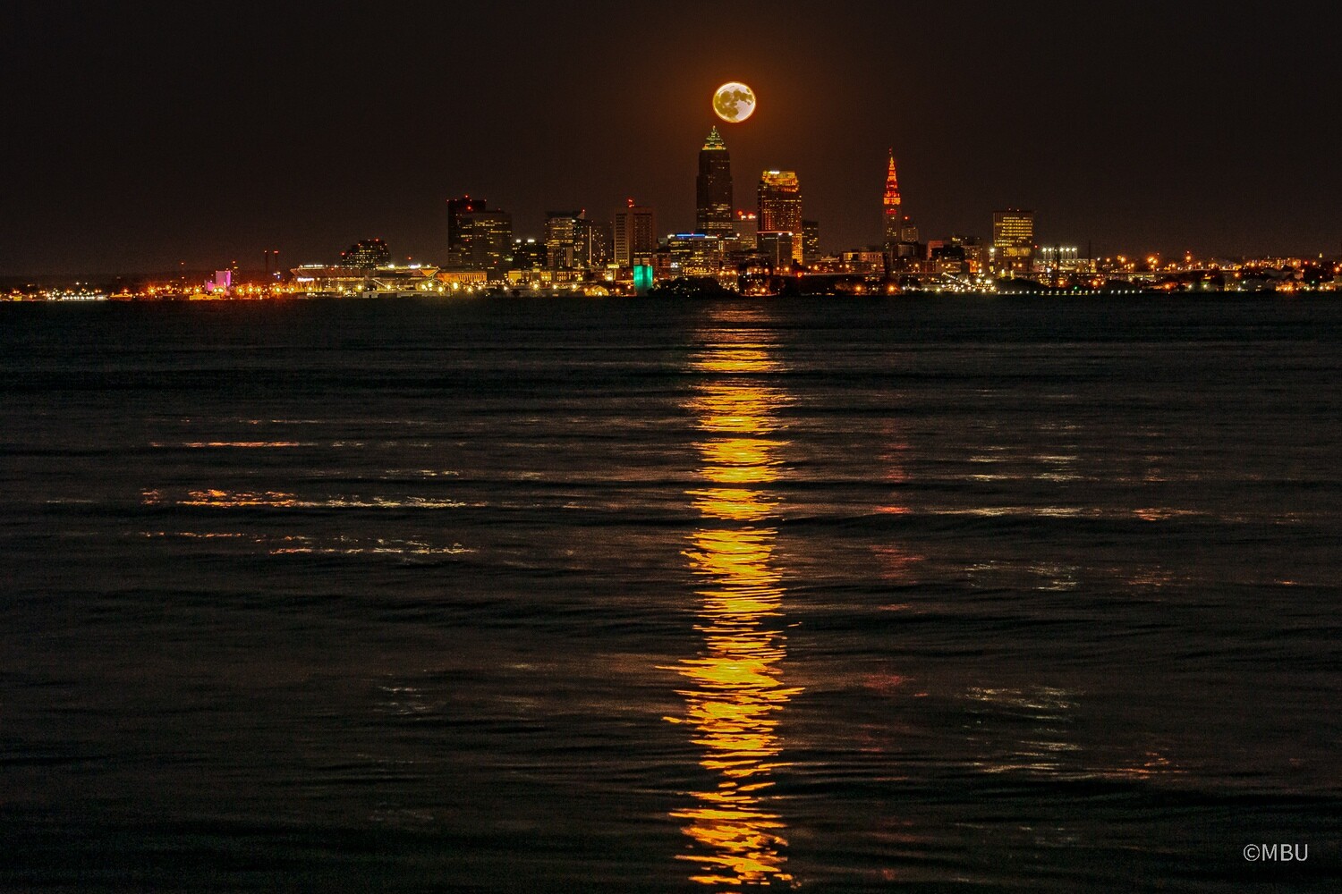 Full Moon over Cleveland Skyline with reflections on Lake Erie Moody Landscape Photo Print