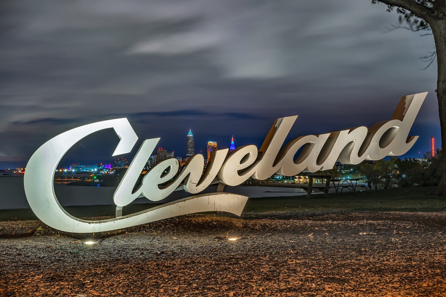 Cleveland Sign with view of City Skyline at night