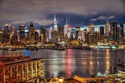 New York Skyline just before sunrise Hudson River in New Jersey Tavel Photo NYC Print City Lights Architectural Detail