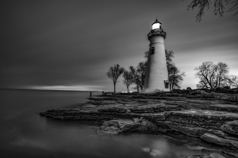 Lighthouse In Marblehead Ohio Black and White Photo Print Moody Night Shot