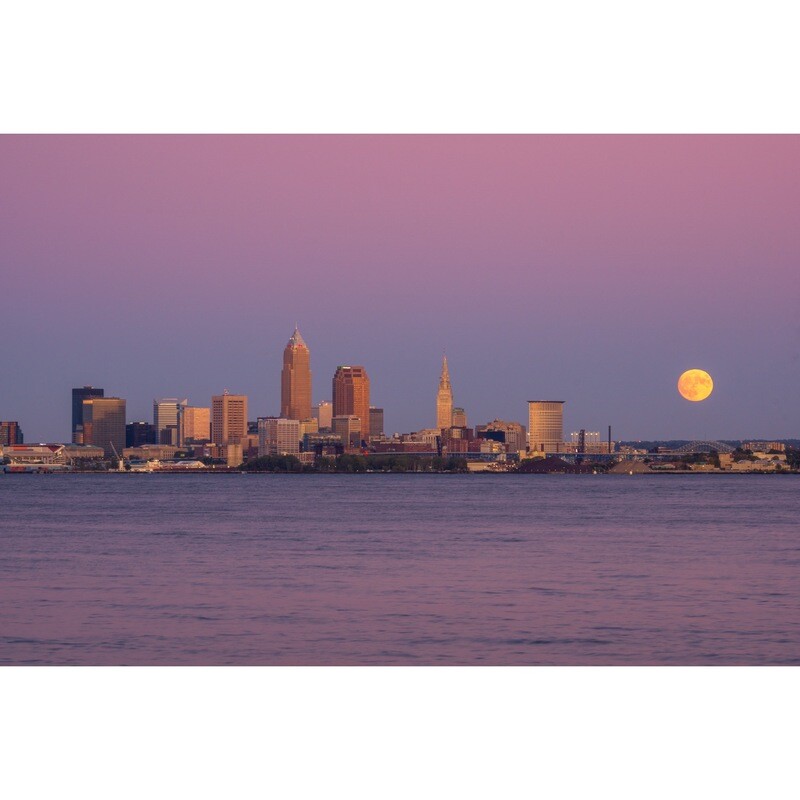 Blue Hour and a 99% Full Moon with Cleveland Skyline