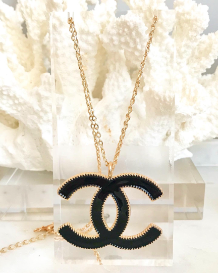 Large Gold Black Enamel Classic Pendant Chain Necklace