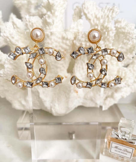 SALE* Large Gold Plated Crystal Gems &amp; Pearls Classic Drop Earrings 4x4cm