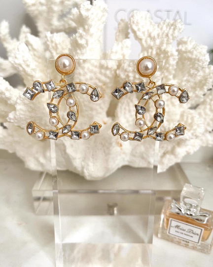 SALE* Large Gold Plated Crystal Gems &amp; Pearls Classic Drop Earrings 4x4cm
