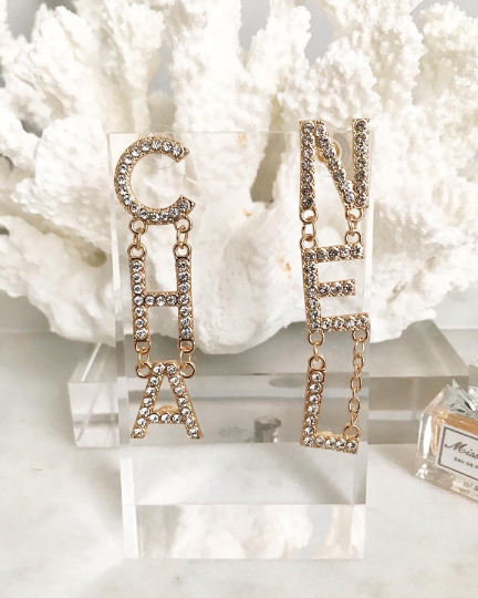 Gold Plated Classic Crystal Letters Drop Style Earrings 1.2x6.8cm