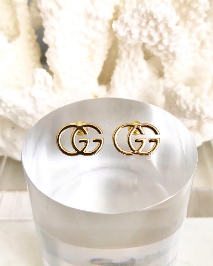 18CT Gold 925 Sterling G Stud Earrings 1.1x1.6cm