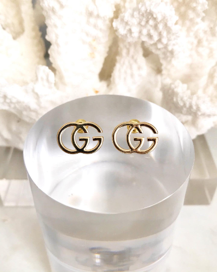 18CT Gold 925 Sterling G Stud Earrings 1.1x1.6cm
